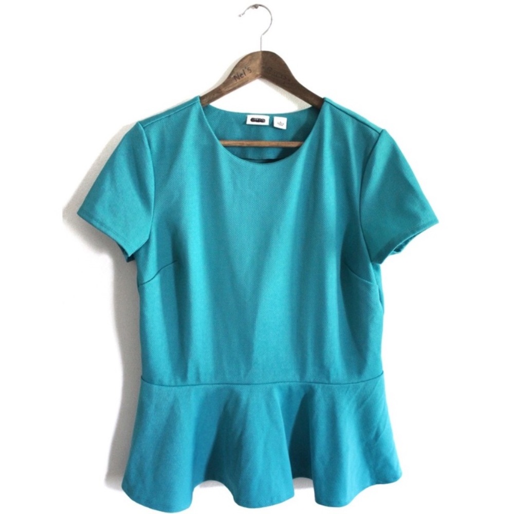 Cato Textured Teal Peplum Short Sleeve Top Large Preowned